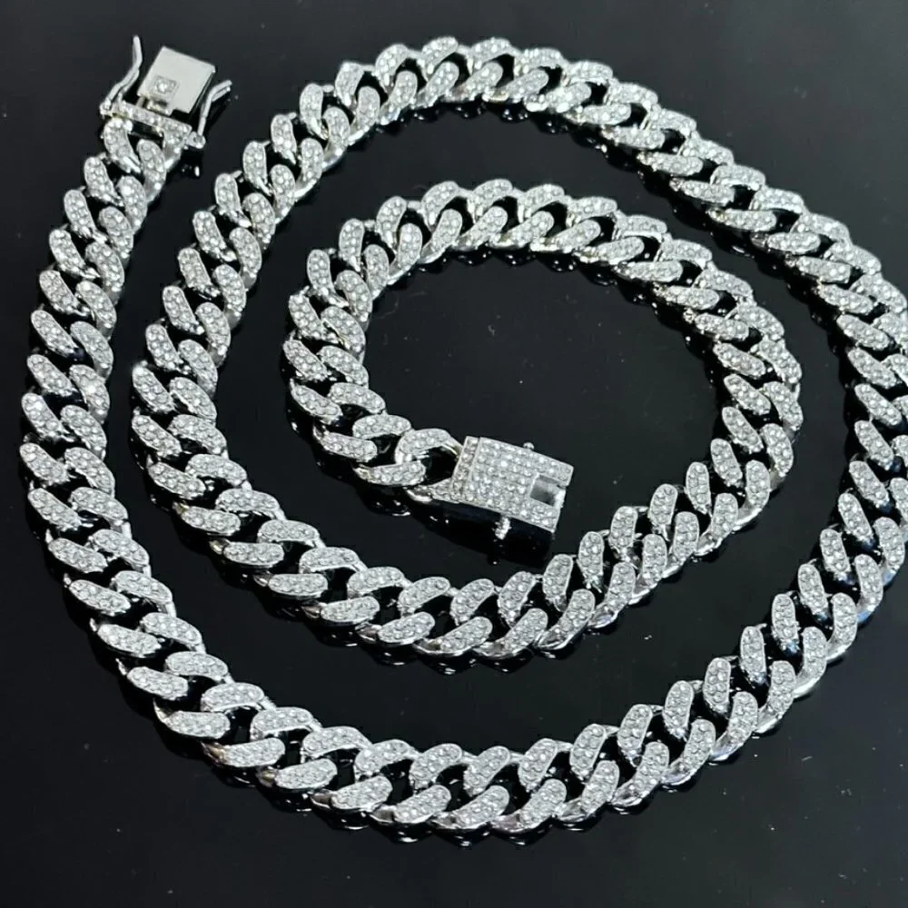 Cuban Link Miami Bling Glittery Silver Unisex necklace Men Women NWT 28